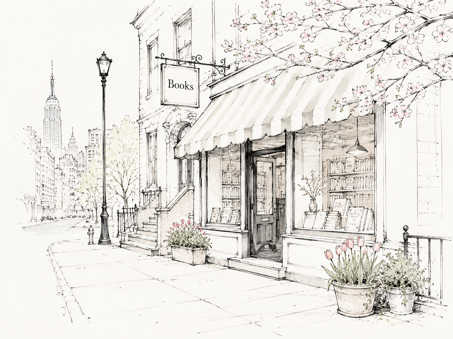Hand sketch of bookstore in New York