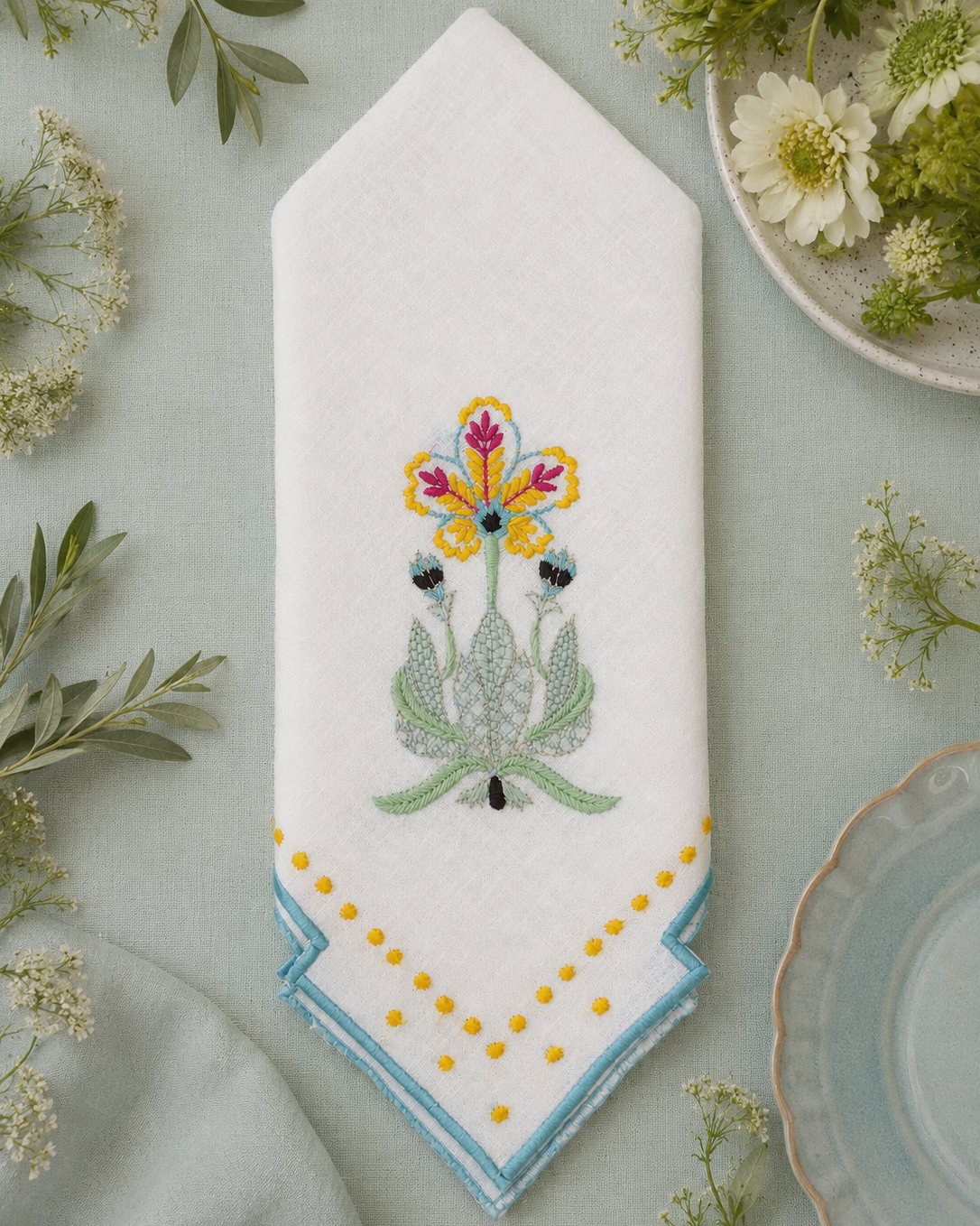Artisan floral linen napkin with hand embroidery and scalloped corner details